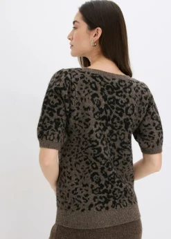 bonprix bonprix Jersey con mangas abullonadas Marrón con estampado de leopardo Discount