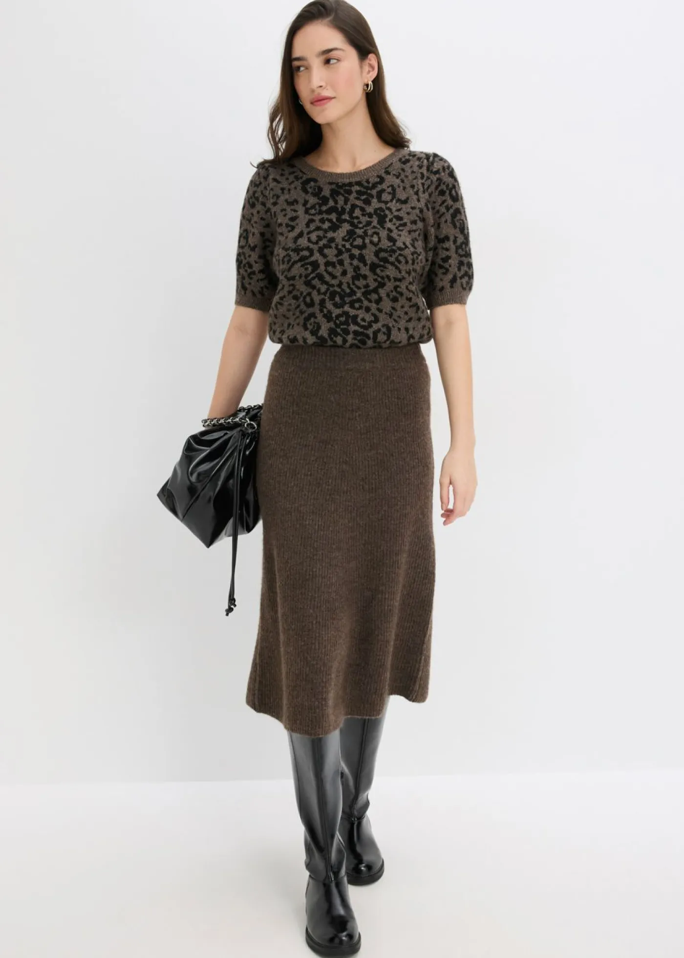 bonprix bonprix Jersey con mangas abullonadas Marrón con estampado de leopardo Discount