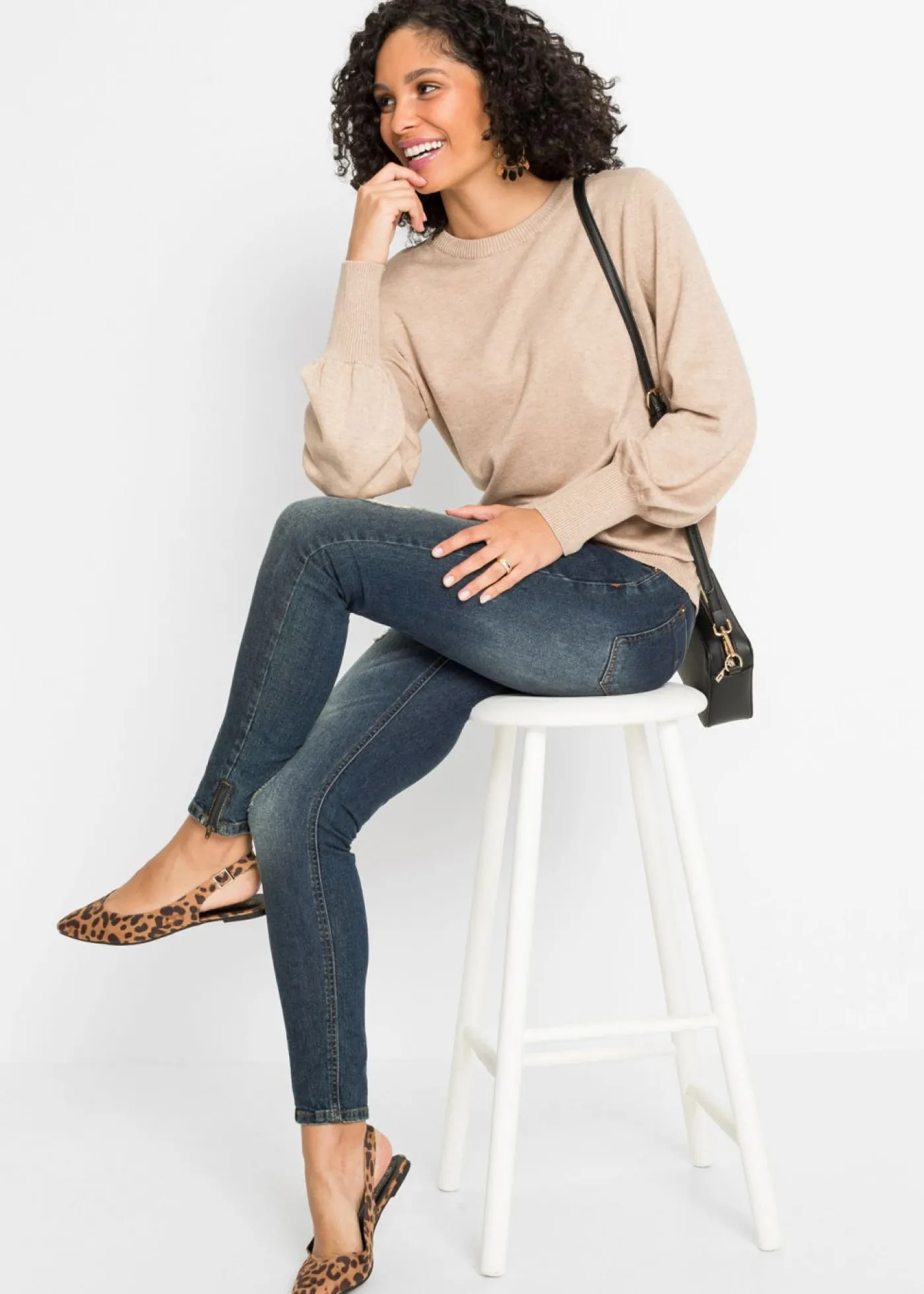 bonprix bonprix Jersey con mangas abullonadas Beige jaspeado Sale