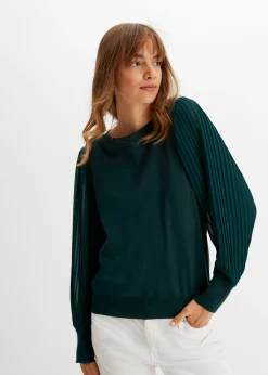 bonprix bonprix Jersey con mangas plisadas de viscosa sostenible Verde intenso