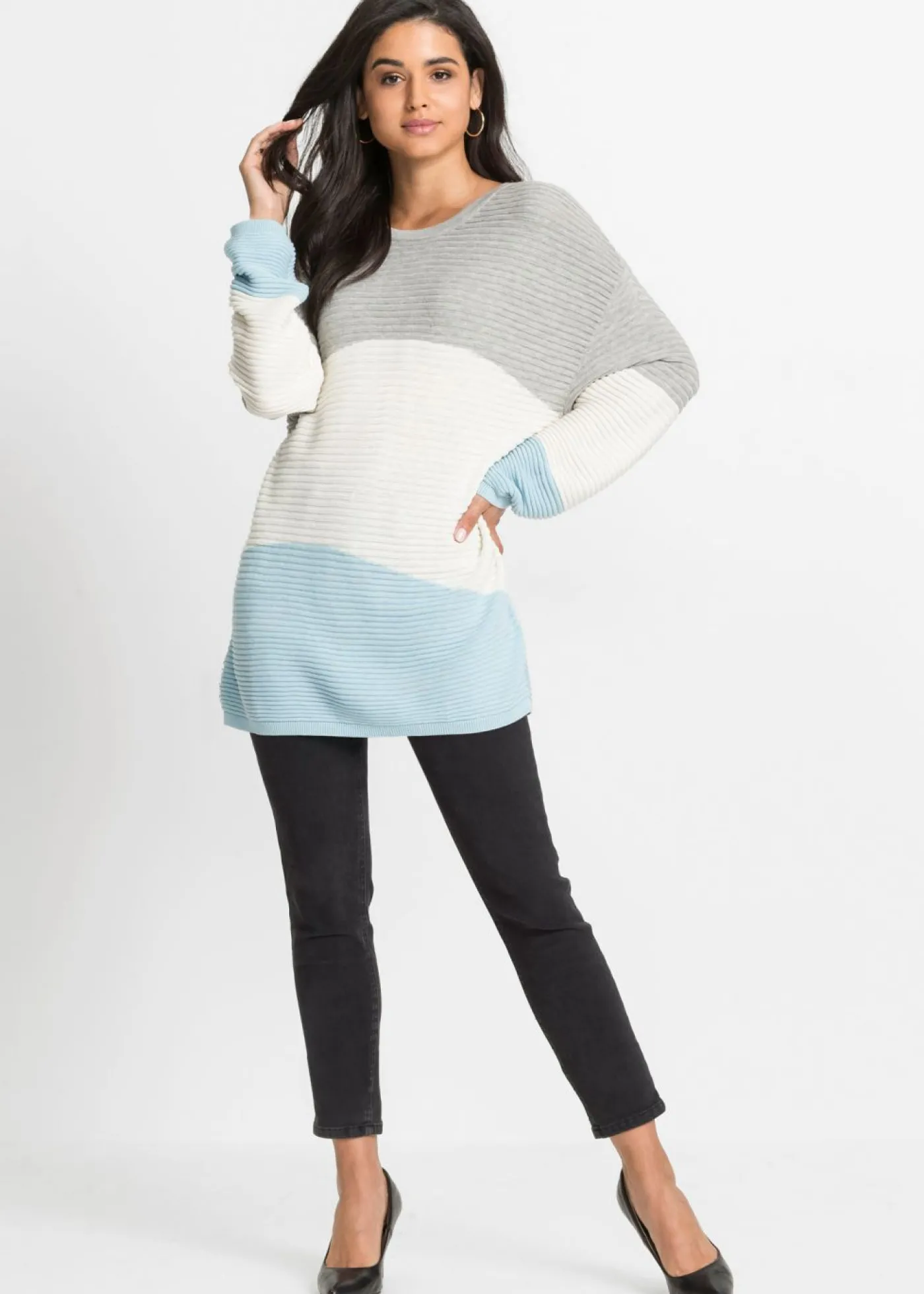 bonprix bonprix Jersey con patrón de canalé gris claro moteado / crema suave / azul glaciar con rayas New