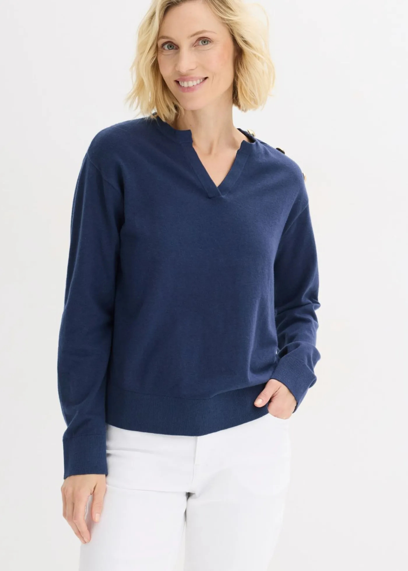 bonprix bonprix Jersey de algodón con detalle de botones Azul marino Sale