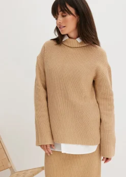 bonprix bonprix Jersey de algodón puro con cuello vuelto Café con leche Sale