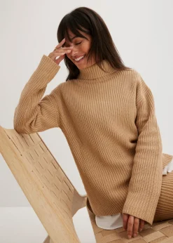 bonprix bonprix Jersey de algodón puro con cuello vuelto Café con leche Sale