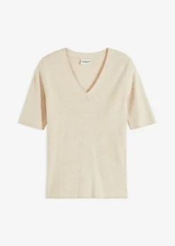 bonprix bonprix Jersey de canalé de manga corta con viscosa Beige Online