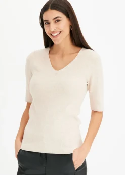 bonprix bonprix Jersey de canalé de manga corta con viscosa Beige Online