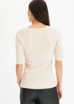 bonprix bonprix Jersey de canalé de manga corta con viscosa Beige Online