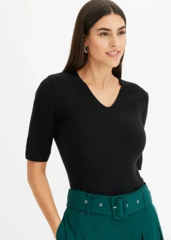 bonprix bonprix Jersey de canalé de manga corta con viscosa Negro
