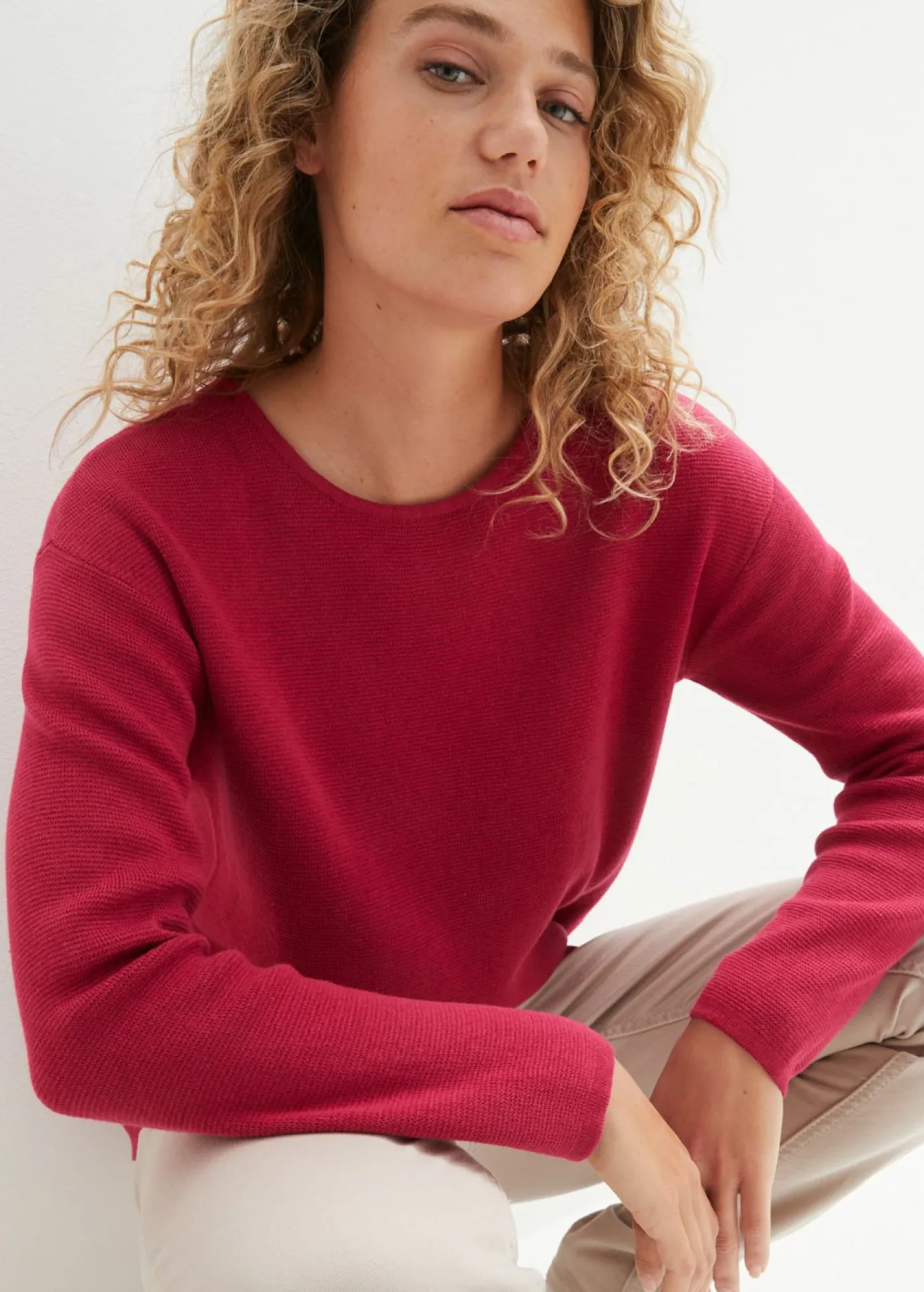 bonprix bonprix Jersey de canalé Milano con cuello redondo Rosa/baya Online