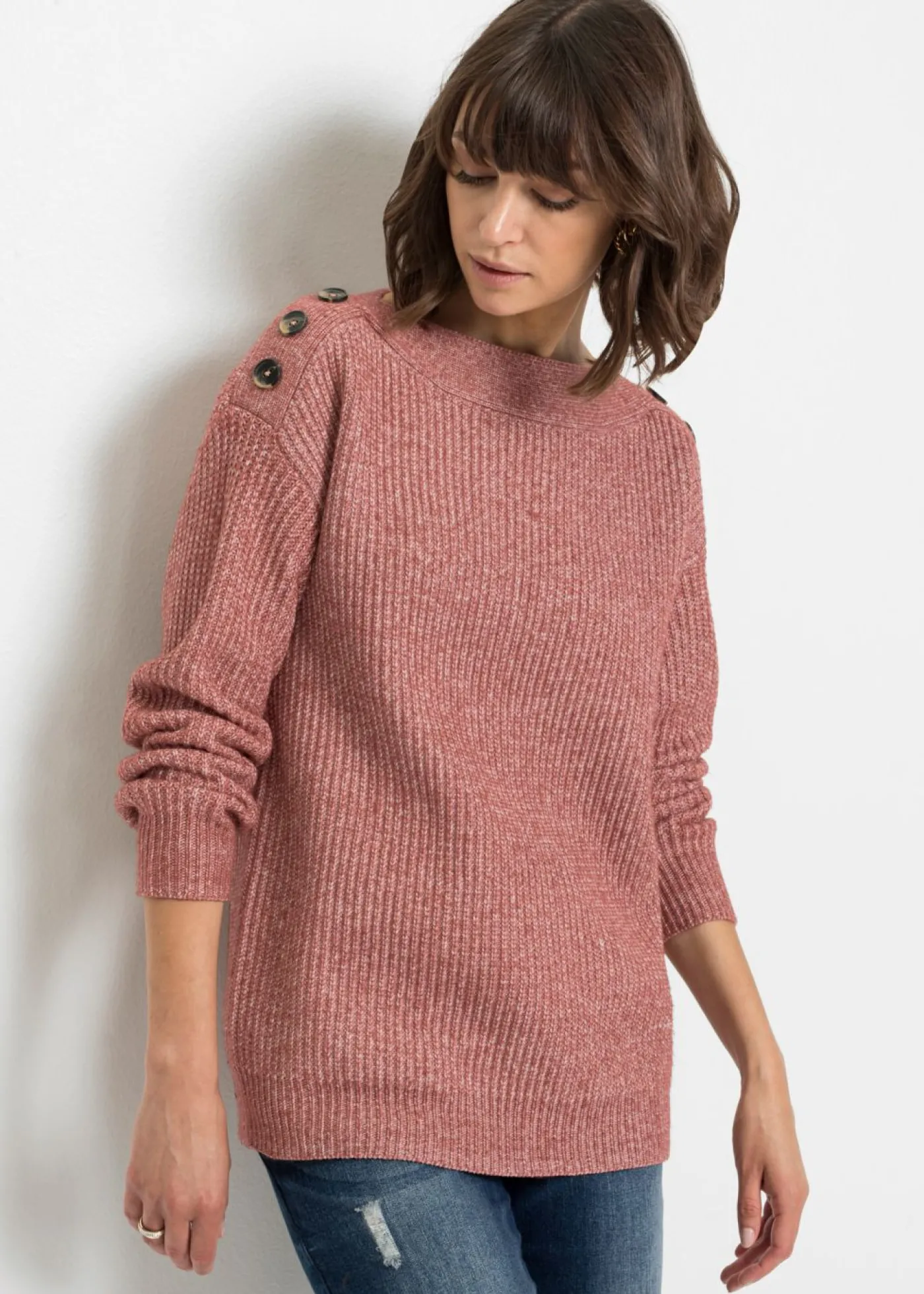 bonprix bonprix Jersey de corte holgado con botones Rosa oscuro jaspeado Outlet