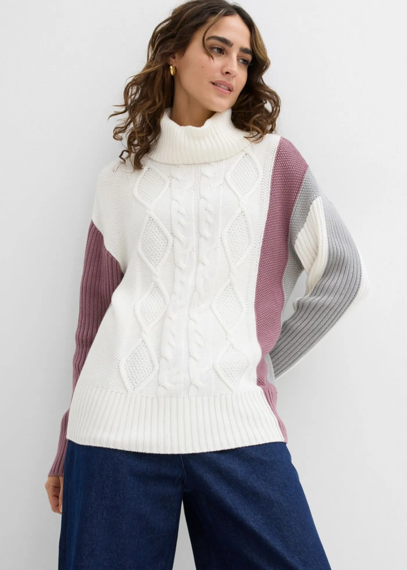 bonprix bonprix Jersey de cuello alto Blanco lana/gris sombra/violeta mate/otros