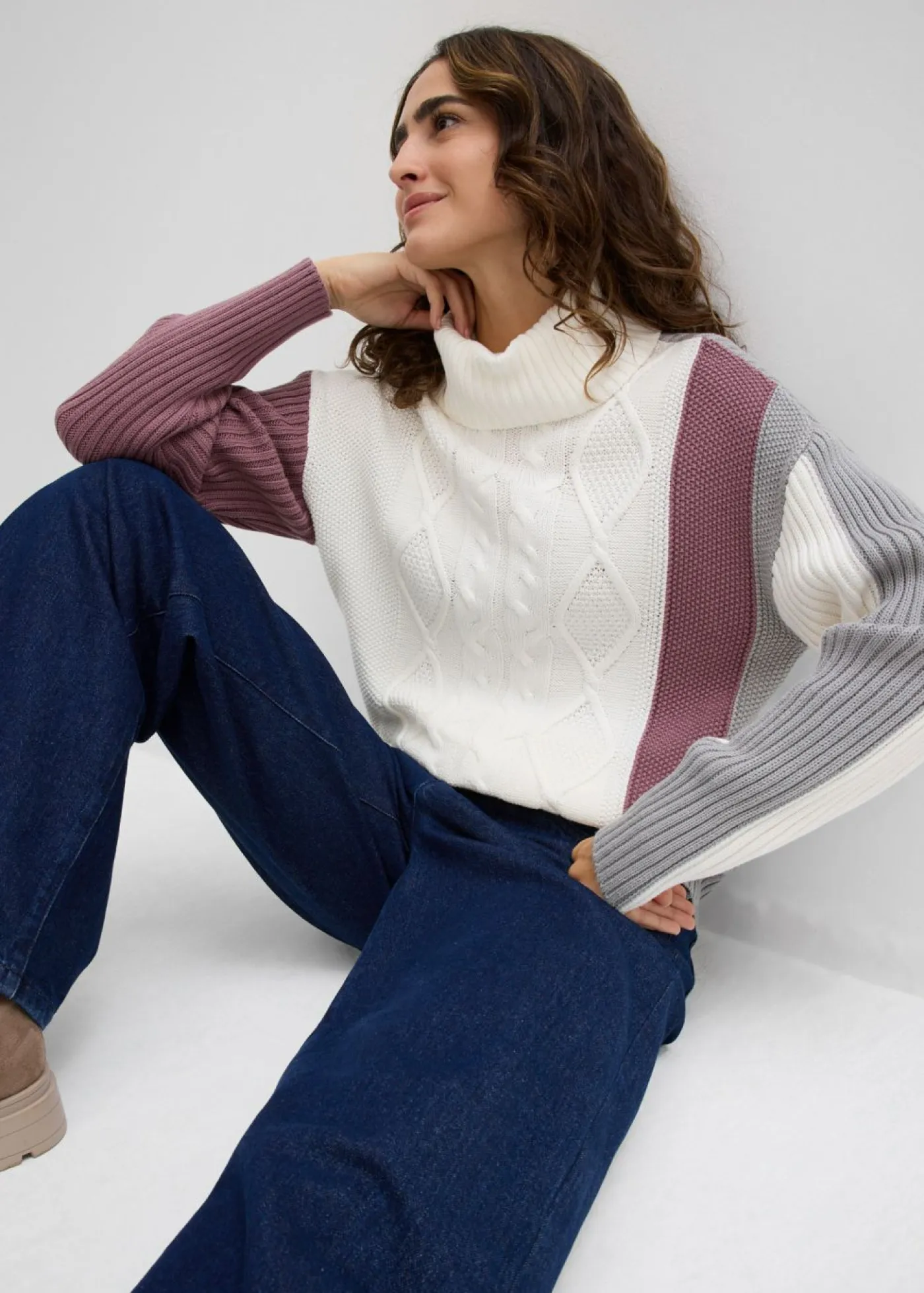 bonprix bonprix Jersey de cuello alto Blanco lana/gris sombra/violeta mate/otros