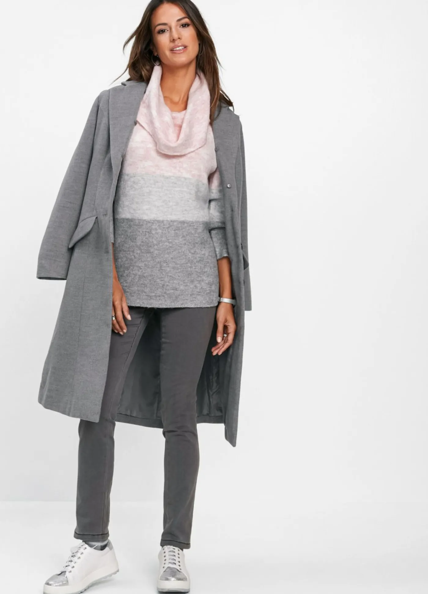 bonprix bonprix Jersey de cuello alto Rosa pálido/gris jaspeado de rayas Online