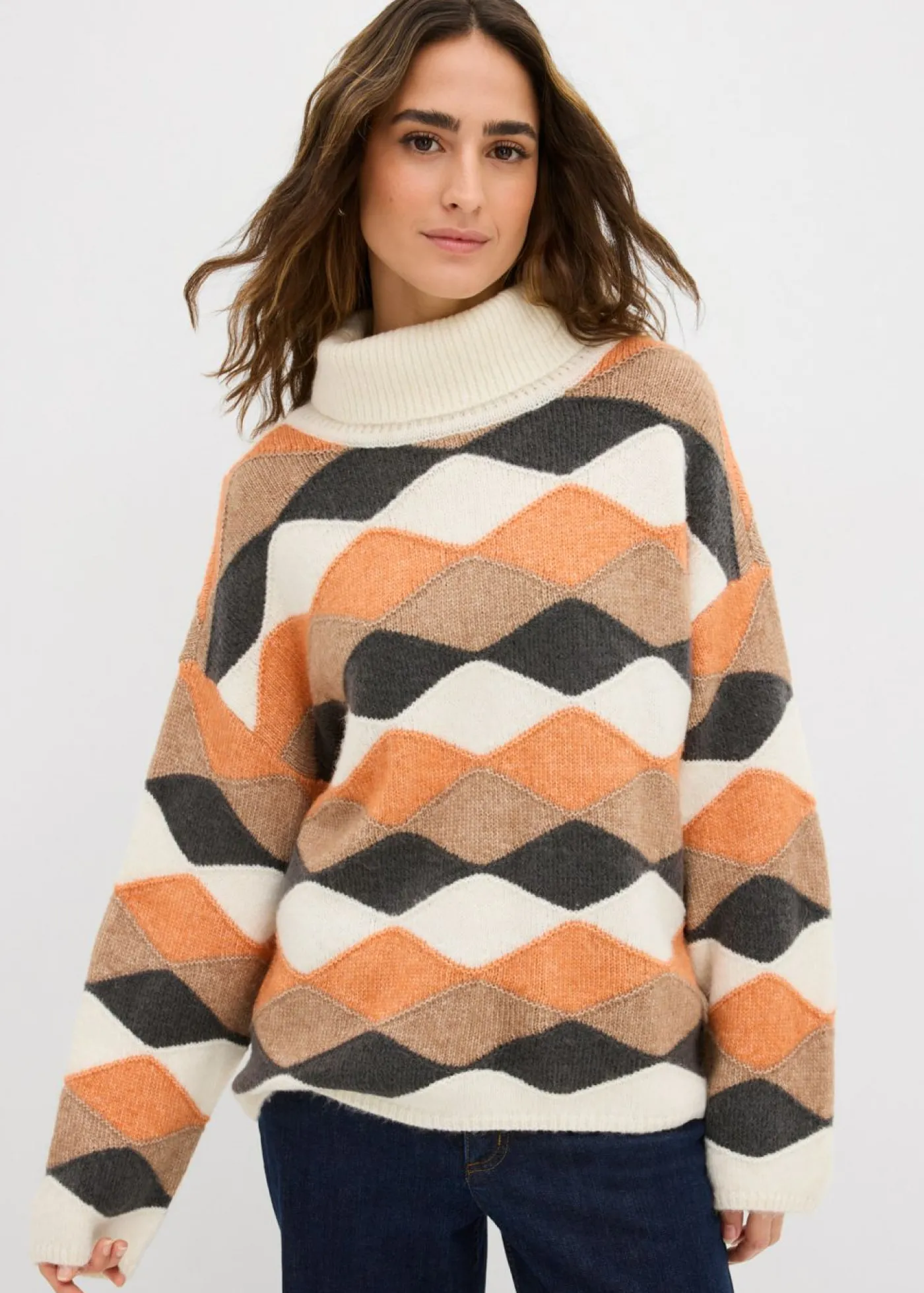 bonprix bonprix Jersey de cuello alto con patrón crudo/camel/cobre/pizarra Sale