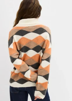 bonprix bonprix Jersey de cuello alto con patrón crudo/camel/cobre/pizarra Sale
