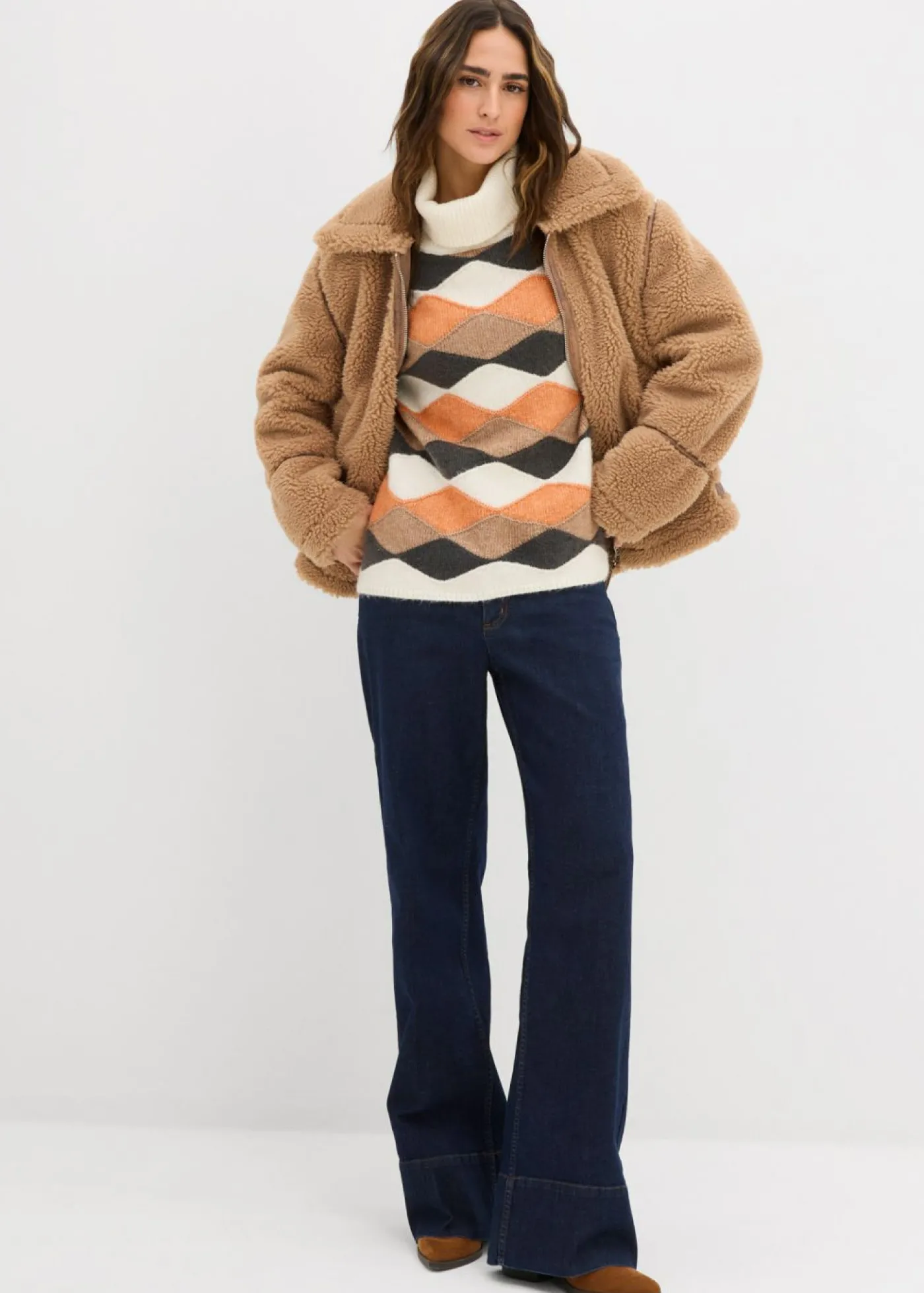bonprix bonprix Jersey de cuello alto con patrón crudo/camel/cobre/pizarra Sale