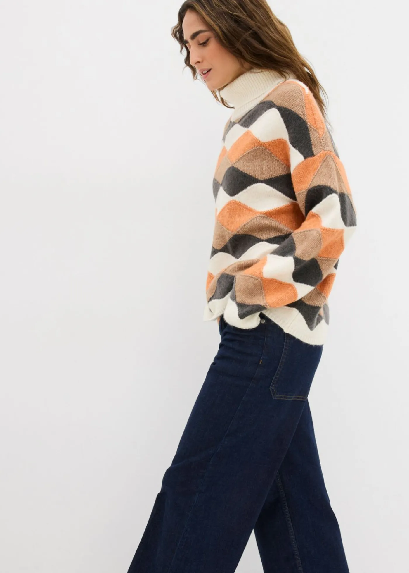 bonprix bonprix Jersey de cuello alto con patrón crudo/camel/cobre/pizarra Sale
