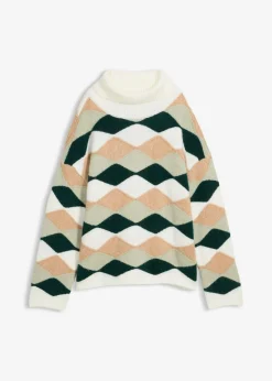 bonprix bonprix Jersey de cuello alto con patrón blanco lana/verde alga/verde intenso/capuchino Best