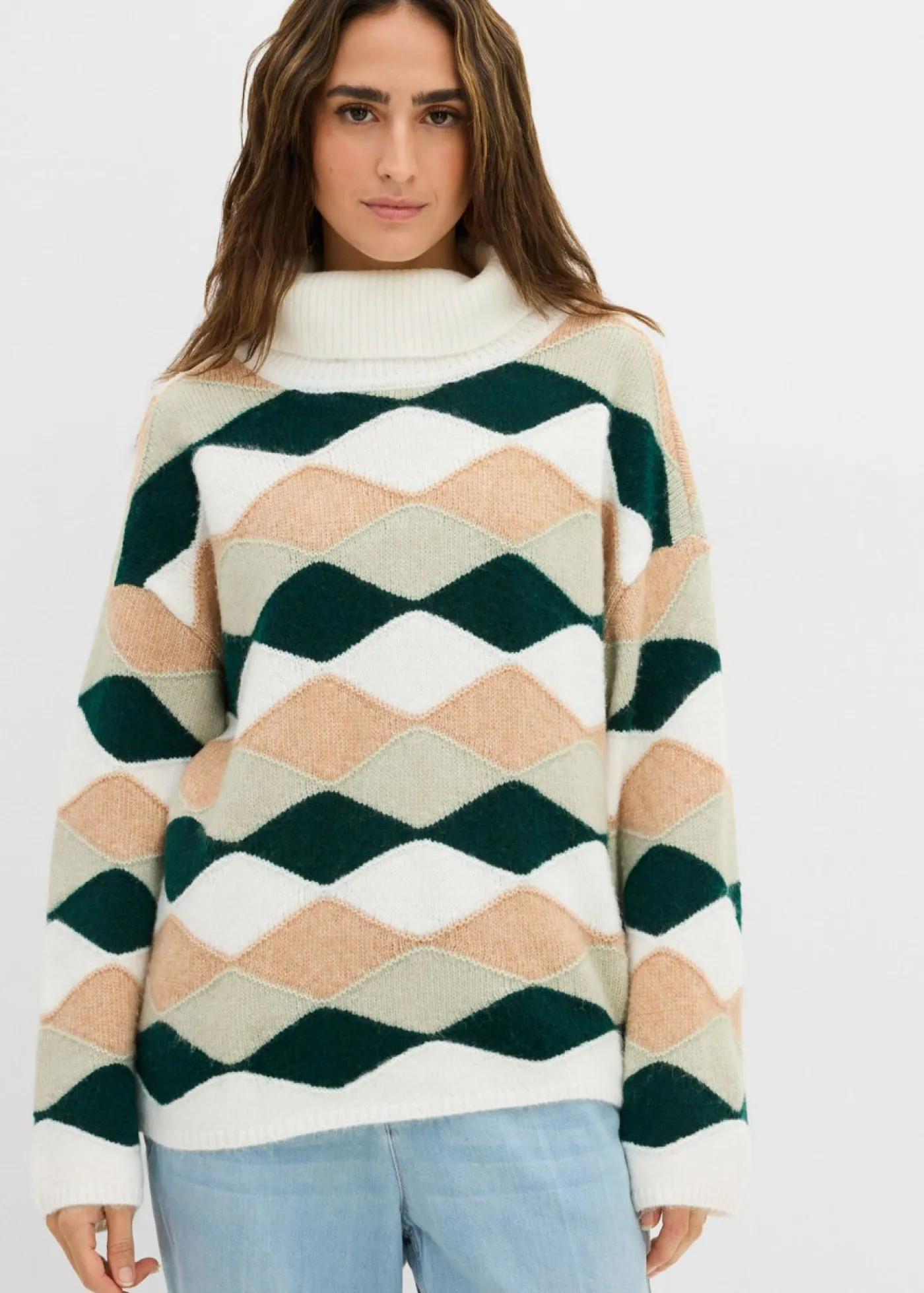 bonprix bonprix Jersey de cuello alto con patrón blanco lana/verde alga/verde intenso/capuchino Best