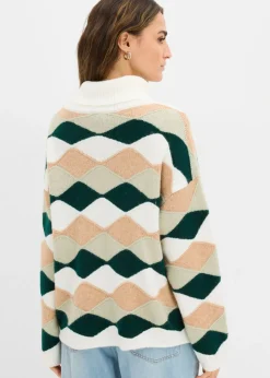 bonprix bonprix Jersey de cuello alto con patrón blanco lana/verde alga/verde intenso/capuchino Best