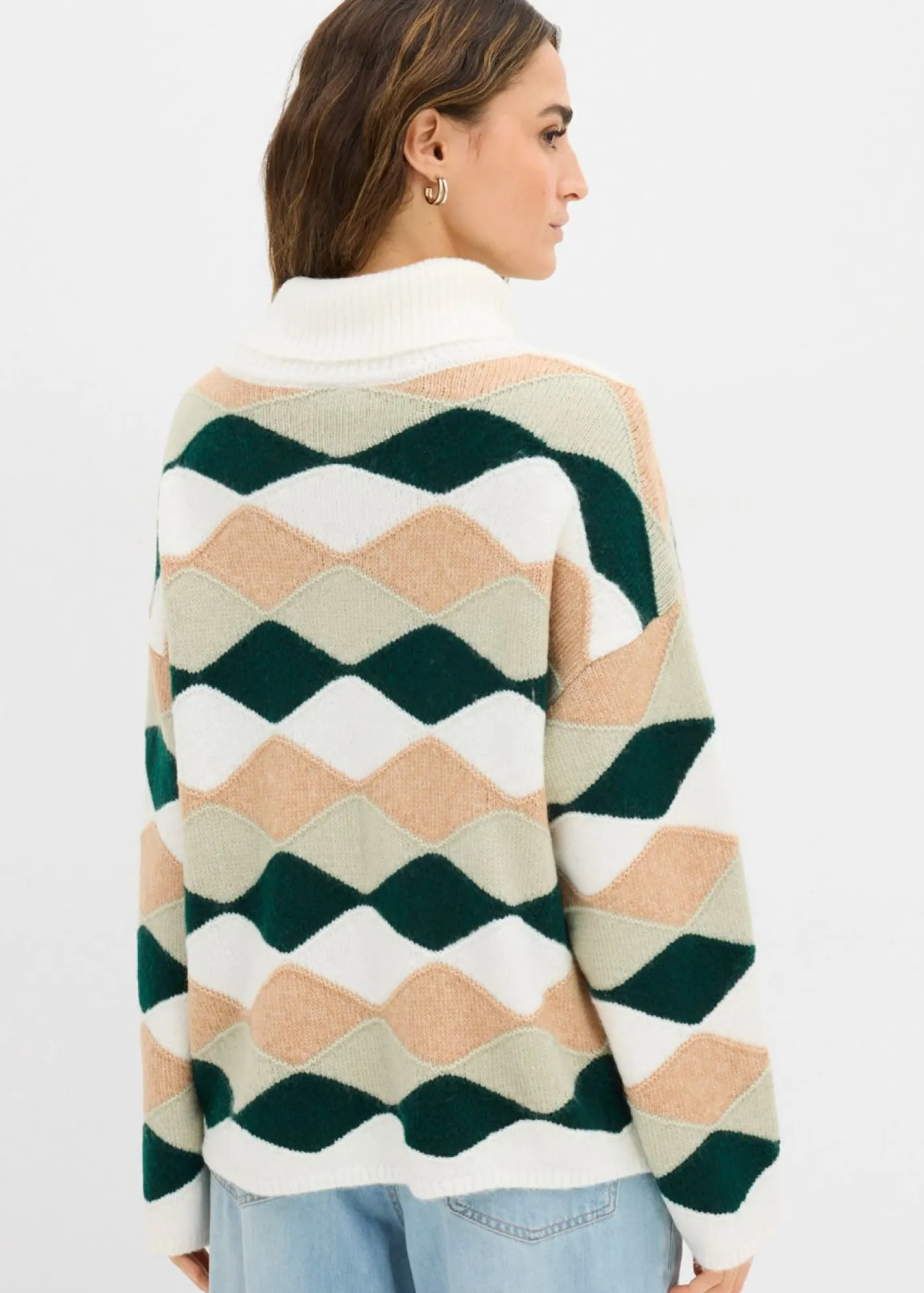 bonprix bonprix Jersey de cuello alto con patrón blanco lana/verde alga/verde intenso/capuchino Best