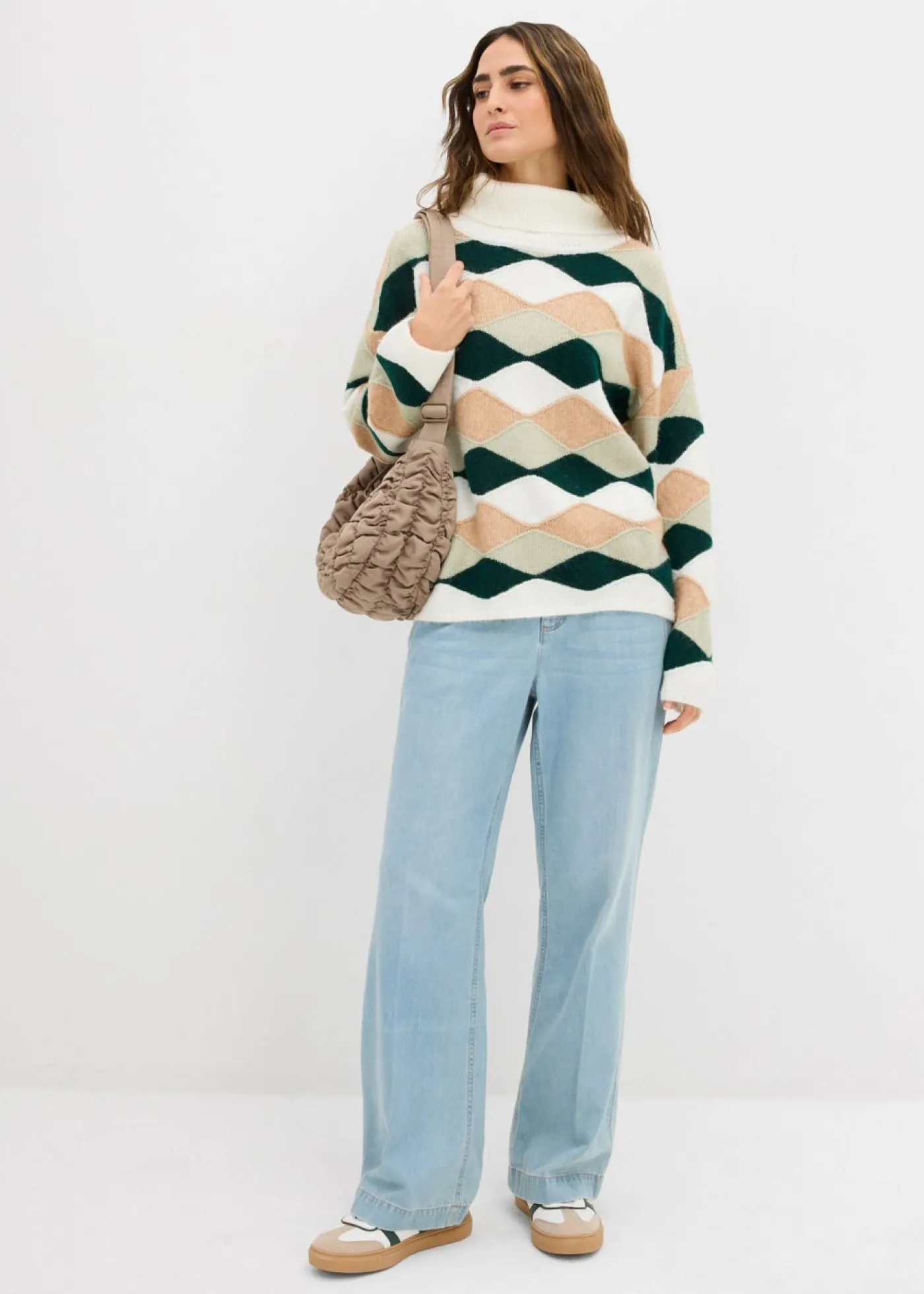bonprix bonprix Jersey de cuello alto con patrón blanco lana/verde alga/verde intenso/capuchino Best