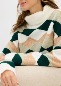 bonprix bonprix Jersey de cuello alto con patrón blanco lana/verde alga/verde intenso/capuchino Best