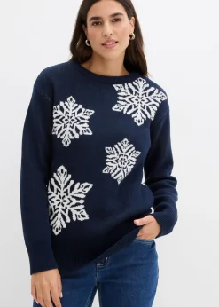 bonprix bonprix Jersey de cuello redondo con copos de nieve Azul marino + blanco lana Best