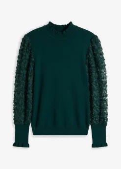 bonprix bonprix Jersey de cuello vuelto con mangas decorativas de gasa Verde intenso Online