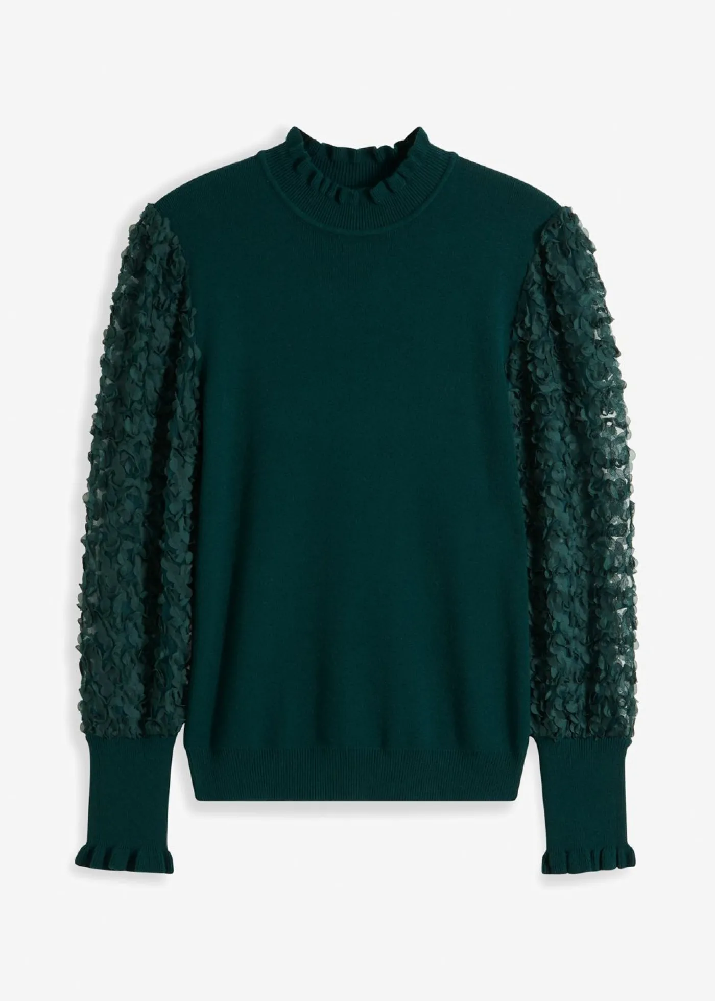 bonprix bonprix Jersey de cuello vuelto con mangas decorativas de gasa Verde intenso Online