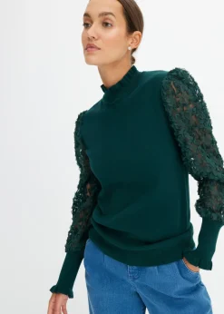 bonprix bonprix Jersey de cuello vuelto con mangas decorativas de gasa Verde intenso Online