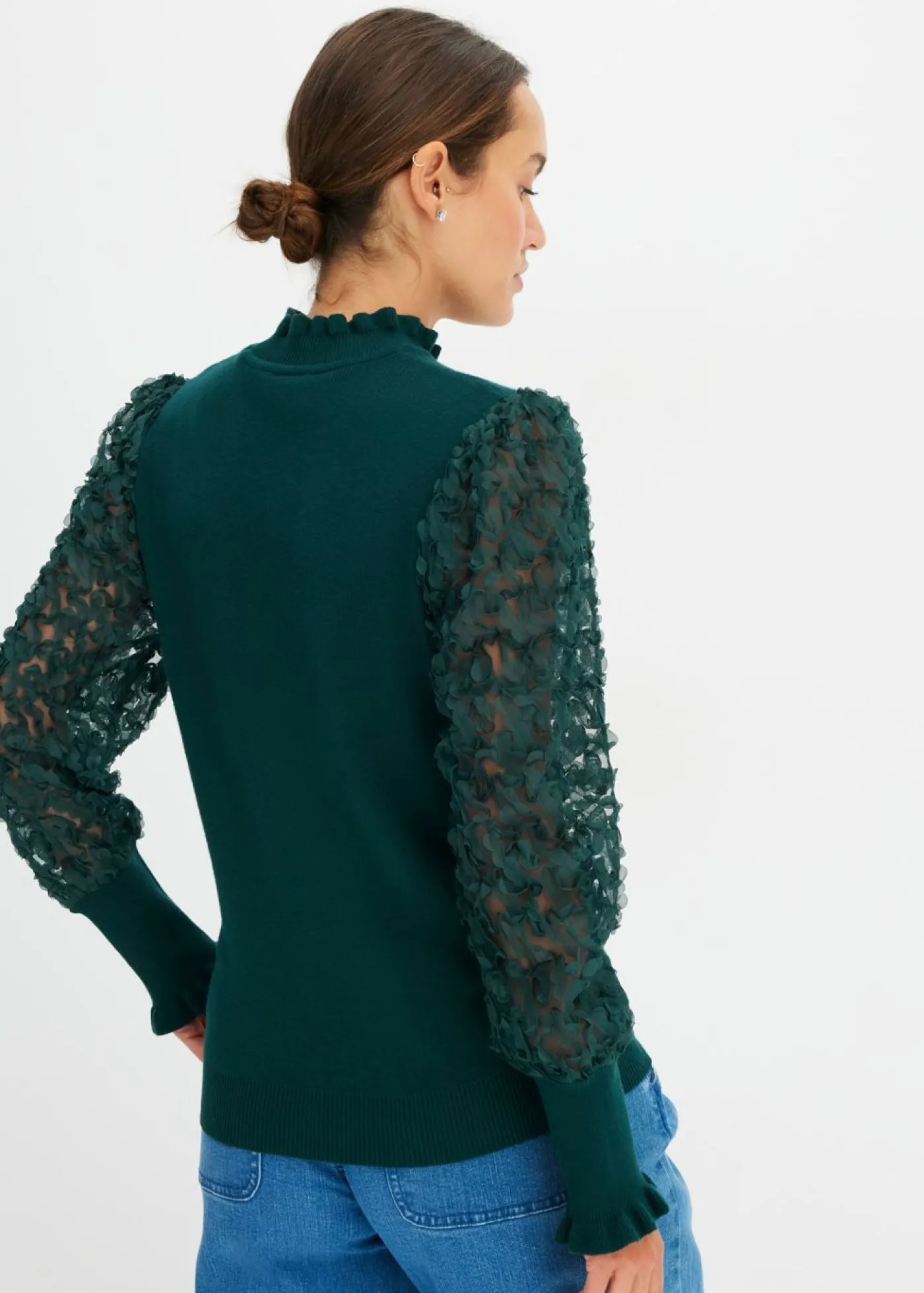 bonprix bonprix Jersey de cuello vuelto con mangas decorativas de gasa Verde intenso Online