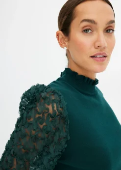 bonprix bonprix Jersey de cuello vuelto con mangas decorativas de gasa Verde intenso Online