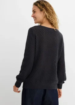 bonprix bonprix Jersey de mezcla de algodón con punto estructurado Azul oscuro Sale