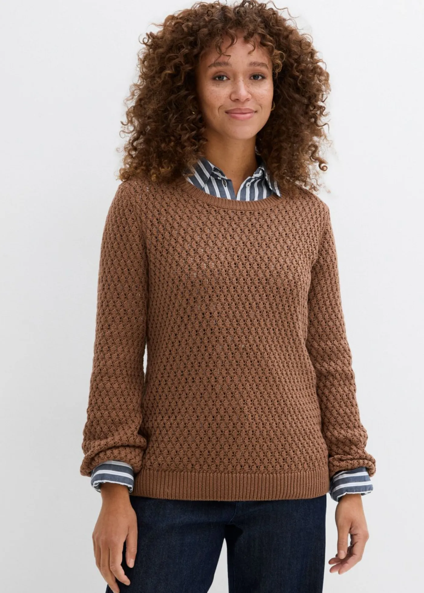 bonprix bonprix Jersey de mezcla de algodón con punto estructurado Marrón castaño Clearance