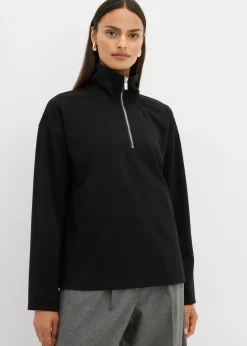 bonprix bonprix Jersey de mezcla de viscosa con cuello troyer Negro Discount