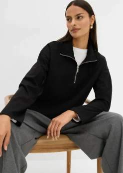bonprix bonprix Jersey de mezcla de viscosa con cuello troyer Negro Discount