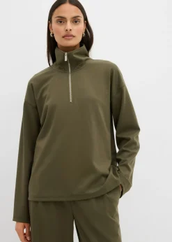bonprix bonprix Jersey de mezcla de viscosa con cuello troyer Verde oliva oscuro Clearance