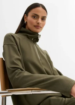 bonprix bonprix Jersey de mezcla de viscosa con cuello troyer Verde oliva oscuro Clearance