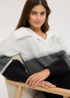 bonprix bonprix Jersey de punto Negro/antracita jaspeado/gris claro jaspeado/blanco lana de rayas Discount