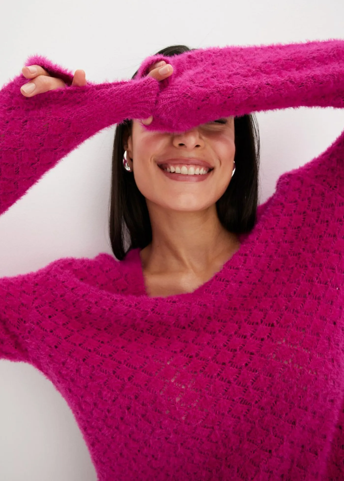 bonprix bonprix Jersey de punto ajour con hilo suave Rosa fucsia Hot
