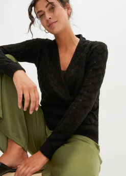 bonprix bonprix Jersey de punto ajour con aspecto cruzado Negro Clearance
