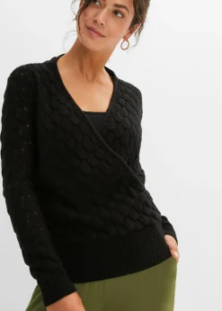 bonprix bonprix Jersey de punto ajour con aspecto cruzado Negro Clearance