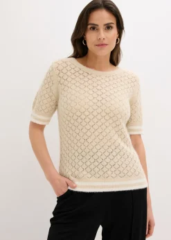bonprix bonprix Jersey de punto ajour con hilo suave Arena claro-blanco lana Best