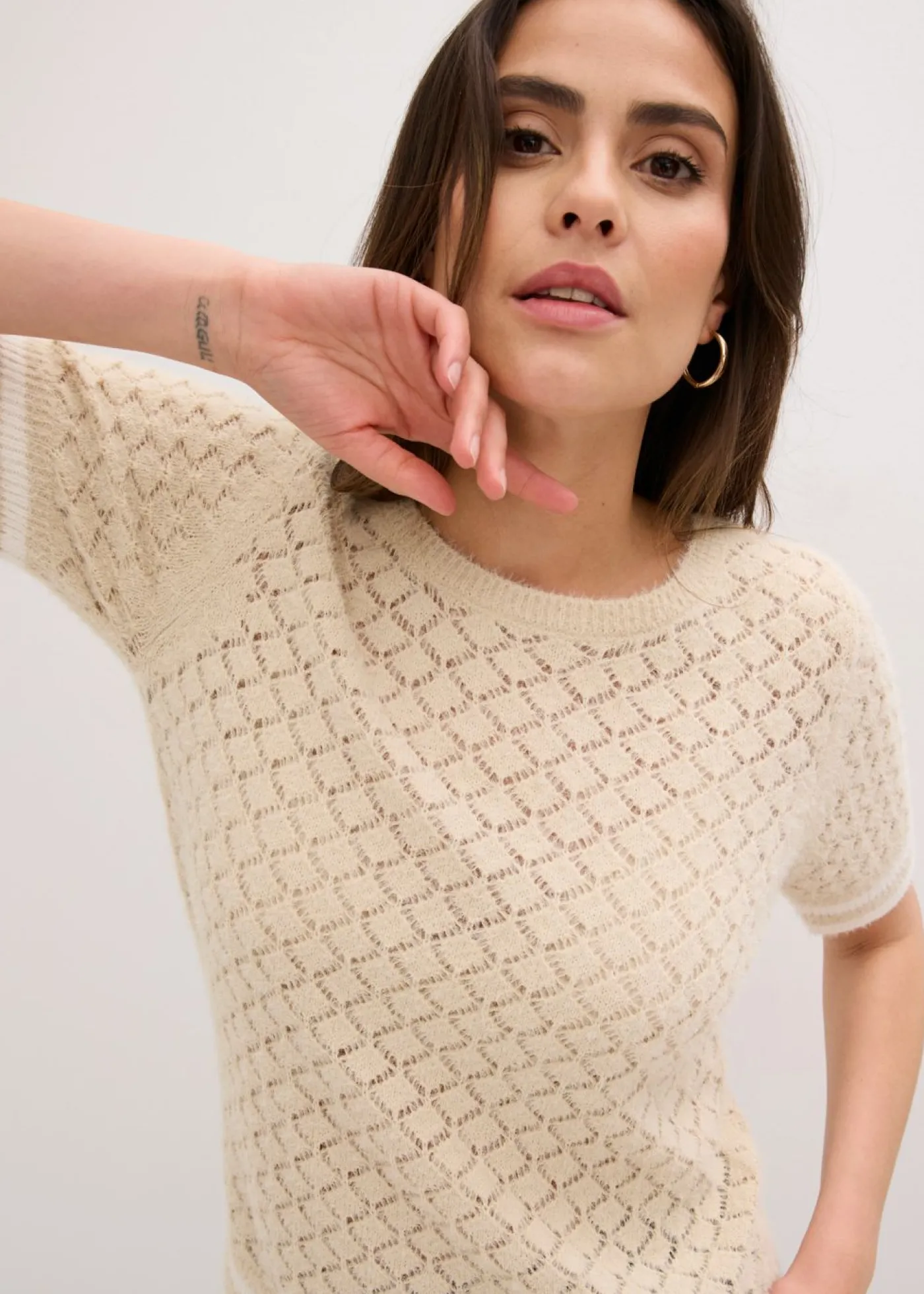 bonprix bonprix Jersey de punto ajour con hilo suave Arena claro-blanco lana Best