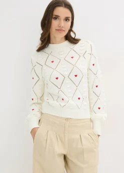 bonprix bonprix Jersey de punto ajour de mezcla de algodón Blanco lana-rojo estampado Online