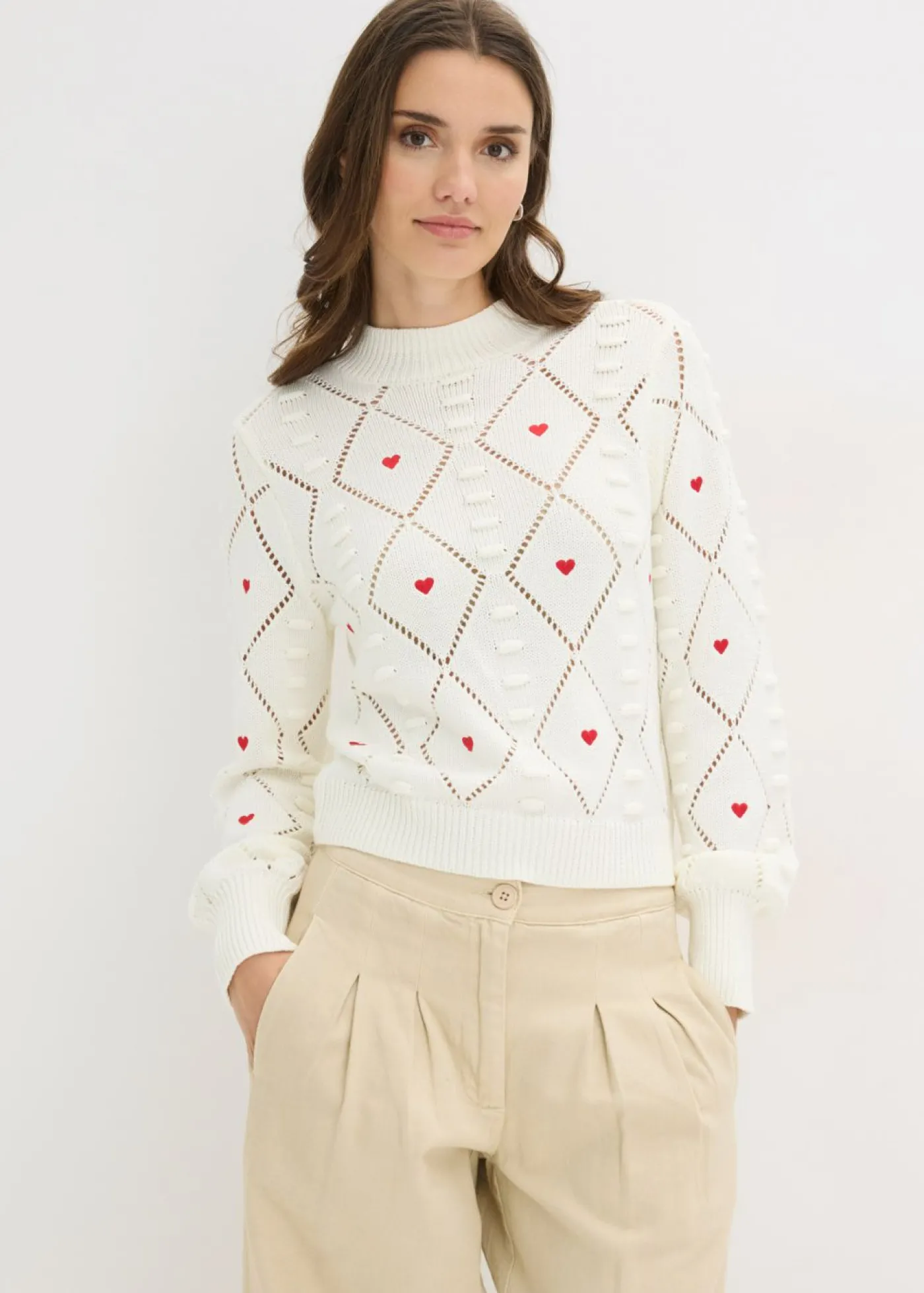 bonprix bonprix Jersey de punto ajour de mezcla de algodón Blanco lana-rojo estampado Online