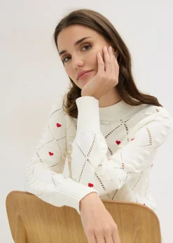 bonprix bonprix Jersey de punto ajour de mezcla de algodón Blanco lana-rojo estampado Online