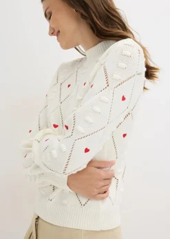 bonprix bonprix Jersey de punto ajour de mezcla de algodón Blanco lana-rojo estampado Online