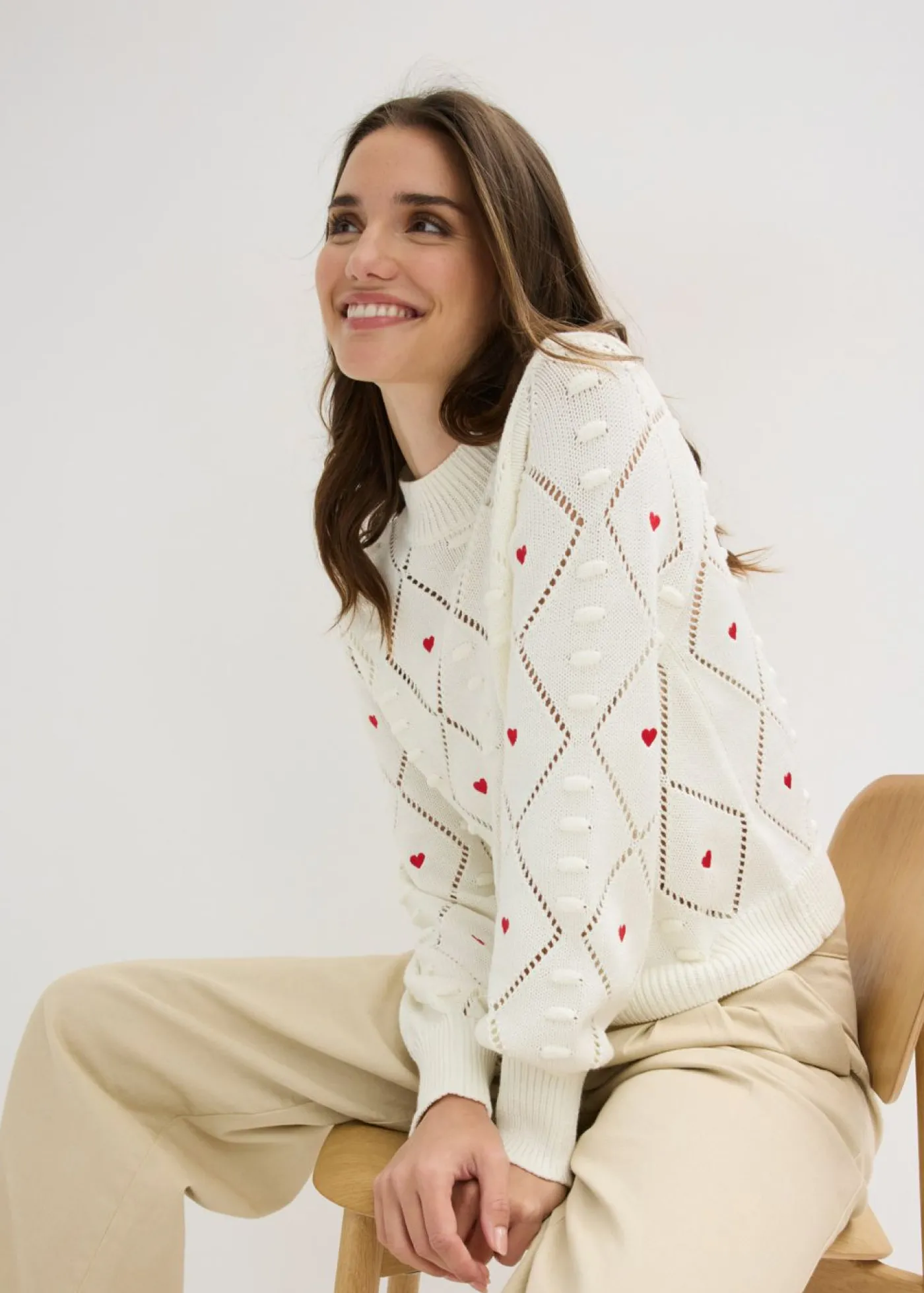 bonprix bonprix Jersey de punto ajour de mezcla de algodón Blanco lana-rojo estampado Online